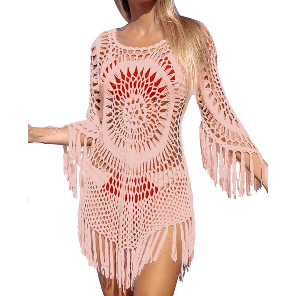 New Salmon Pink Hollowed Out Tassel Chrochet Bathing Swim Cover Up Top NWT